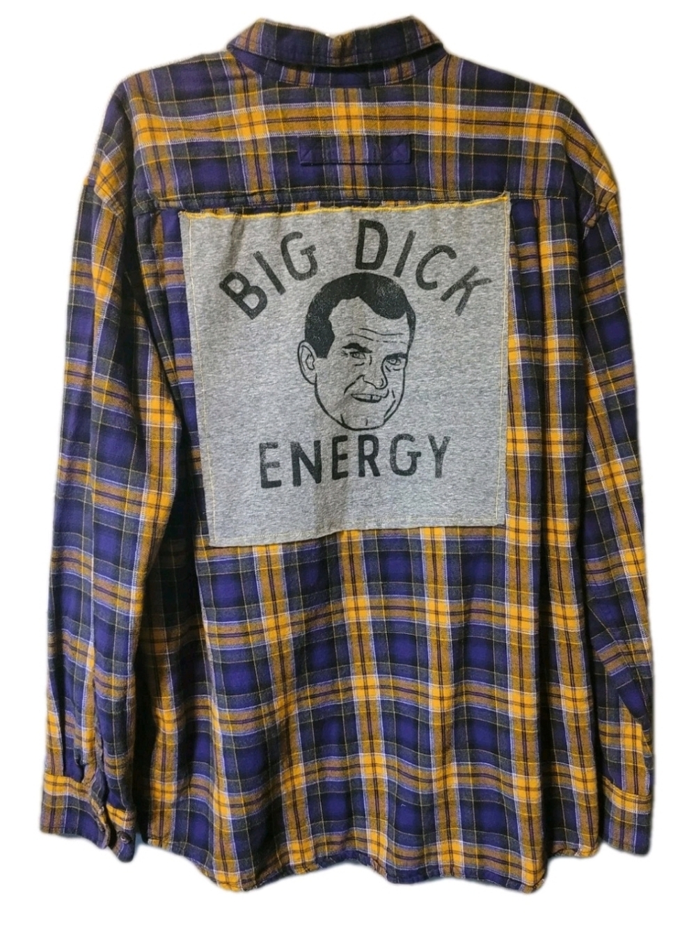 Men's Large Plaid Flannel Shirt Graphic Back - Yellow & Purple Upcycled